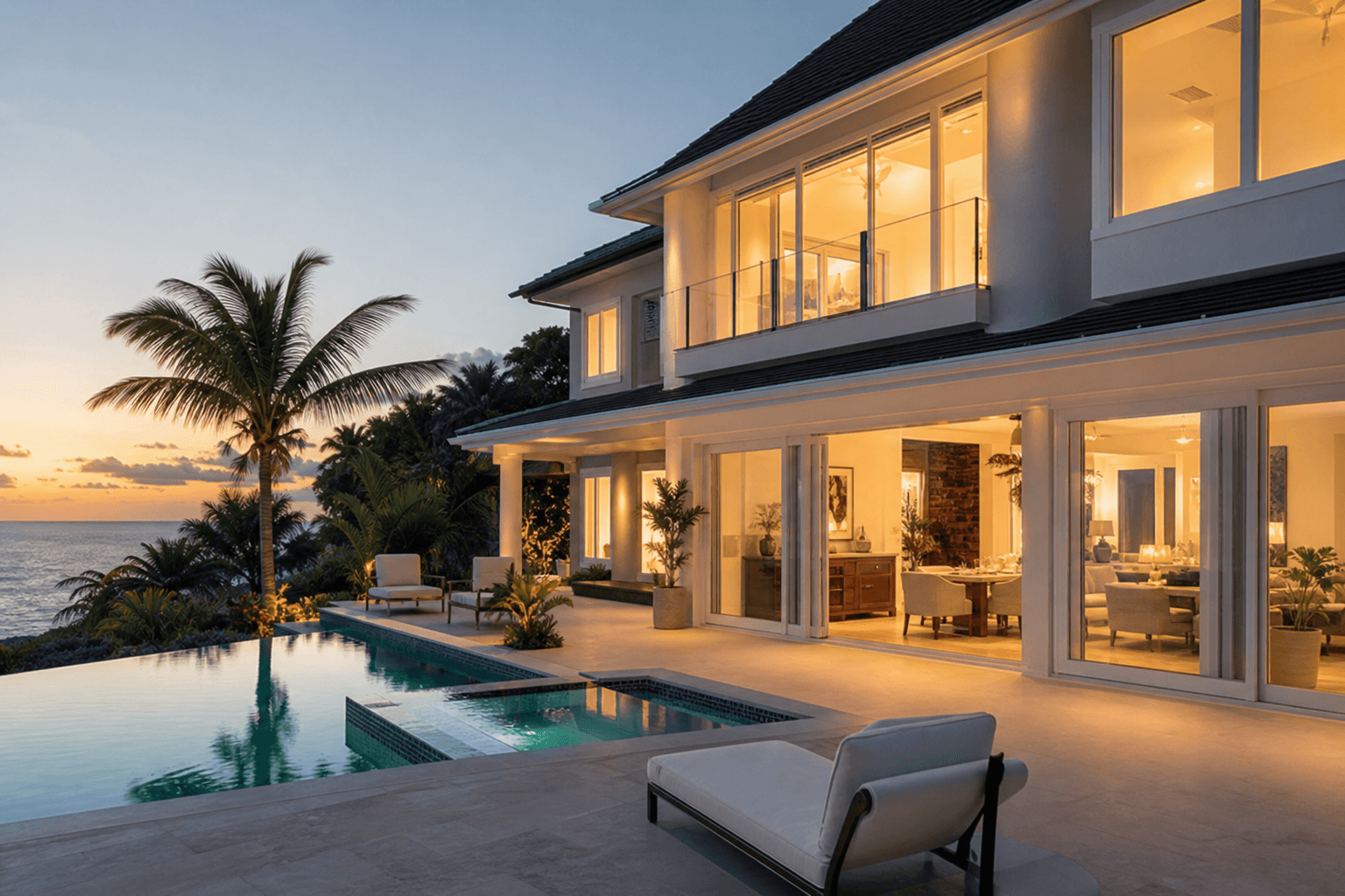 Modern Caribbean residence with expansive glazed openings at dusk