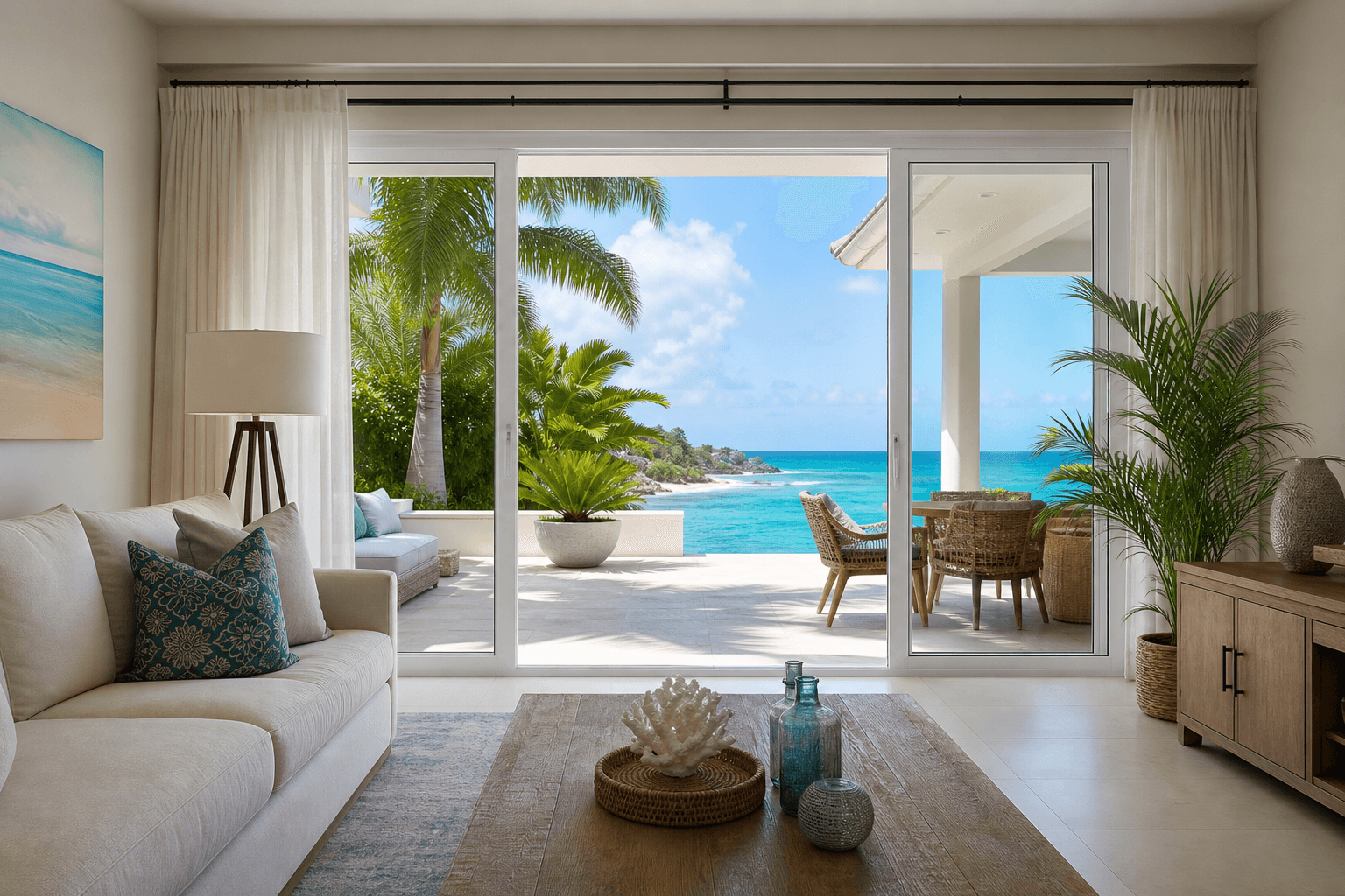 Bright living space opening to a patio through Domus sliding doors