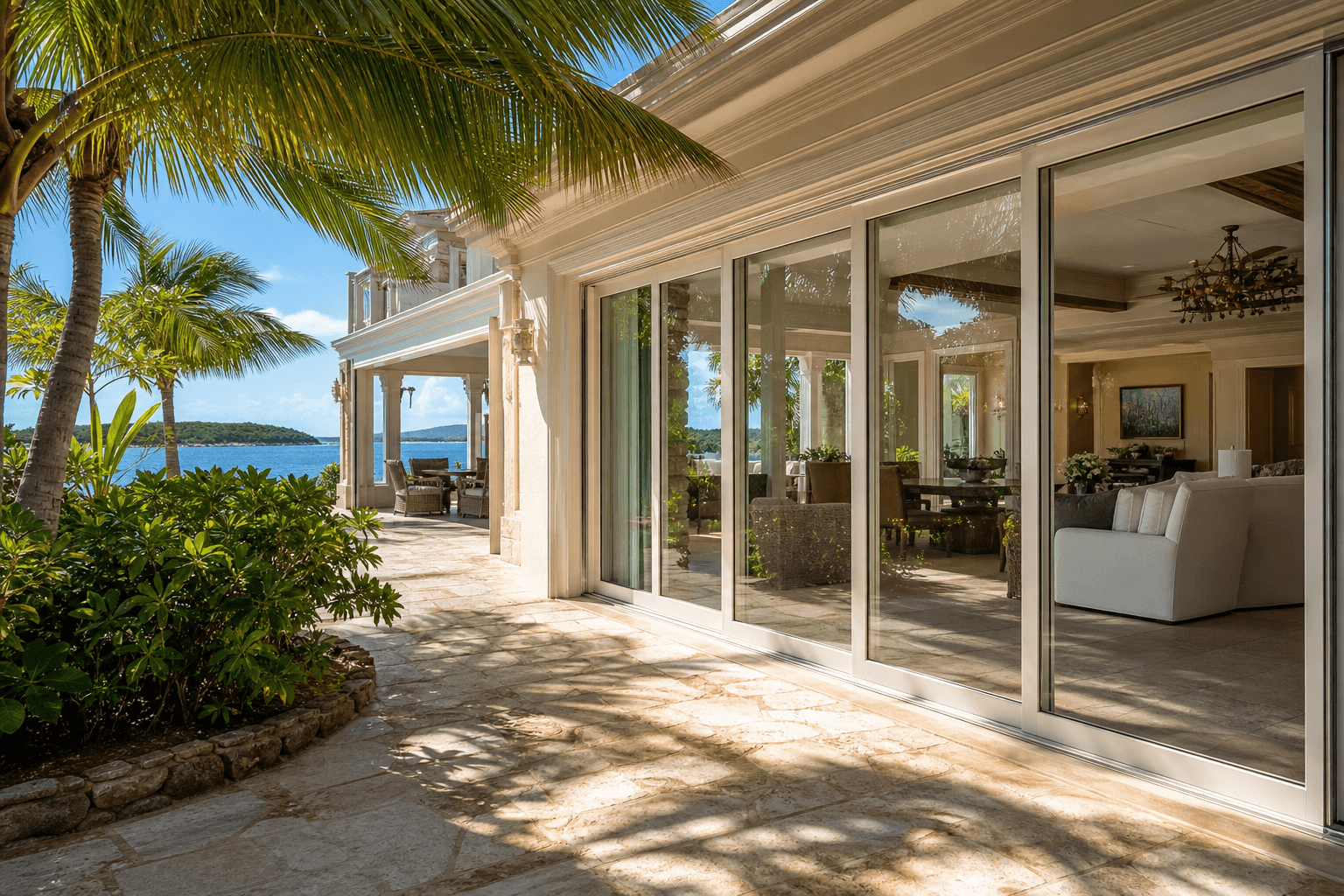 Villa patio with wide sliding glass doors for coastal living
